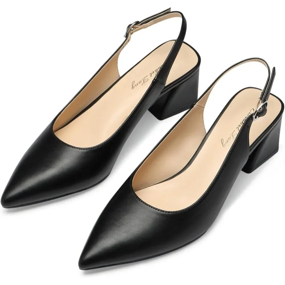 Women Slingback Black Toe Block Heel Pump Low Heel Office Wedding Dress Shoes